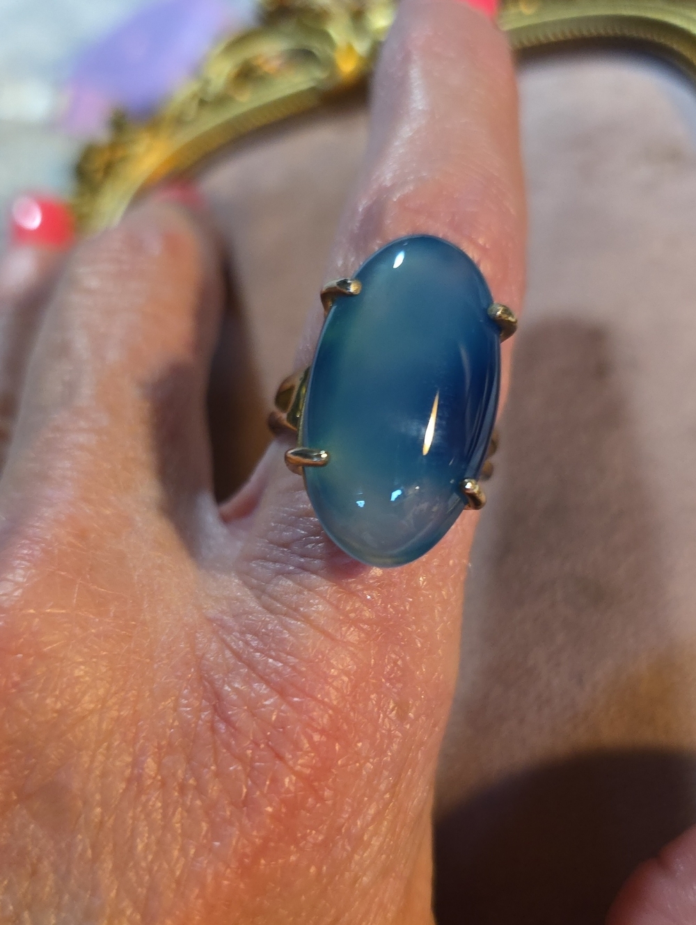 Vintage Blue Agate Oval Cabochon Statement Ring - Adjustable
